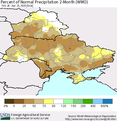 Ukraine, Moldova and Belarus Percent of Normal Precipitation 2-Month (WMO) Thematic Map For 2/26/2020 - 4/25/2020