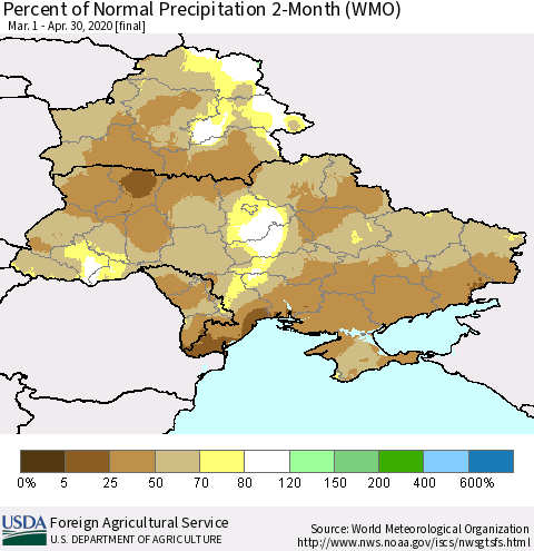Ukraine, Moldova and Belarus Percent of Normal Precipitation 2-Month (WMO) Thematic Map For 3/1/2020 - 4/30/2020