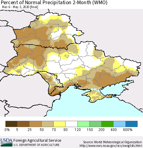 Ukraine, Moldova and Belarus Percent of Normal Precipitation 2-Month (WMO) Thematic Map For 3/6/2020 - 5/5/2020