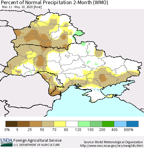 Ukraine, Moldova and Belarus Percent of Normal Precipitation 2-Month (WMO) Thematic Map For 3/11/2020 - 5/10/2020