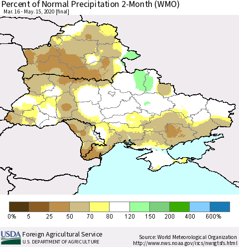 Ukraine, Moldova and Belarus Percent of Normal Precipitation 2-Month (WMO) Thematic Map For 3/16/2020 - 5/15/2020