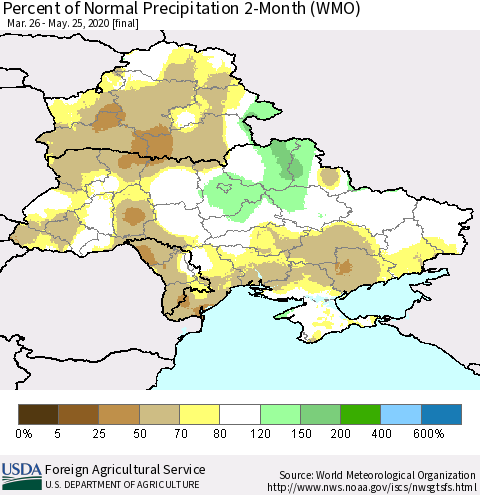Ukraine, Moldova and Belarus Percent of Normal Precipitation 2-Month (WMO) Thematic Map For 3/26/2020 - 5/25/2020