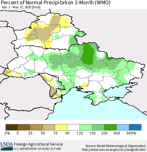 Ukraine, Moldova and Belarus Percent of Normal Precipitation 2-Month (WMO) Thematic Map For 4/1/2020 - 5/31/2020