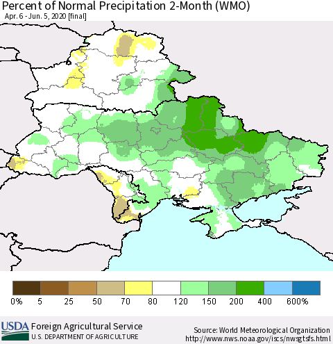 Ukraine, Moldova and Belarus Percent of Normal Precipitation 2-Month (WMO) Thematic Map For 4/6/2020 - 6/5/2020