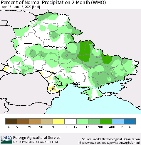 Ukraine, Moldova and Belarus Percent of Normal Precipitation 2-Month (WMO) Thematic Map For 4/16/2020 - 6/15/2020