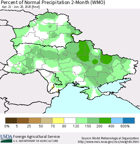 Ukraine, Moldova and Belarus Percent of Normal Precipitation 2-Month (WMO) Thematic Map For 4/21/2020 - 6/20/2020
