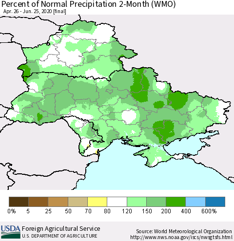 Ukraine, Moldova and Belarus Percent of Normal Precipitation 2-Month (WMO) Thematic Map For 4/26/2020 - 6/25/2020