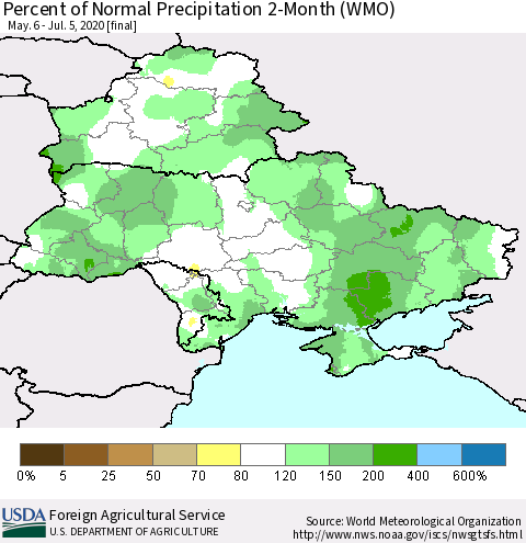 Ukraine, Moldova and Belarus Percent of Normal Precipitation 2-Month (WMO) Thematic Map For 5/6/2020 - 7/5/2020