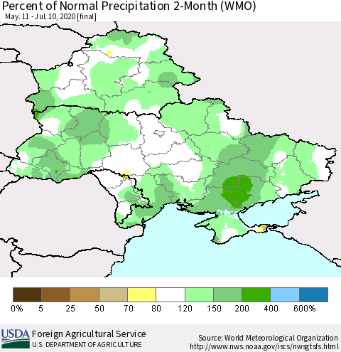 Ukraine, Moldova and Belarus Percent of Normal Precipitation 2-Month (WMO) Thematic Map For 5/11/2020 - 7/10/2020