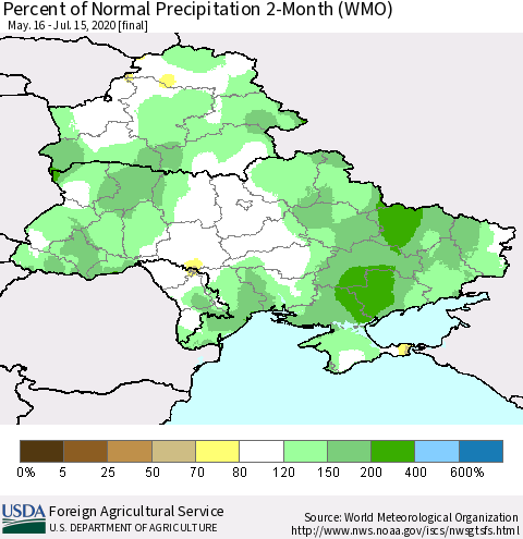 Ukraine, Moldova and Belarus Percent of Normal Precipitation 2-Month (WMO) Thematic Map For 5/16/2020 - 7/15/2020