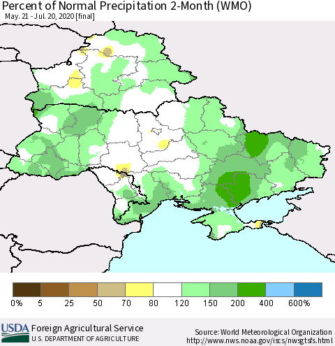 Ukraine, Moldova and Belarus Percent of Normal Precipitation 2-Month (WMO) Thematic Map For 5/21/2020 - 7/20/2020