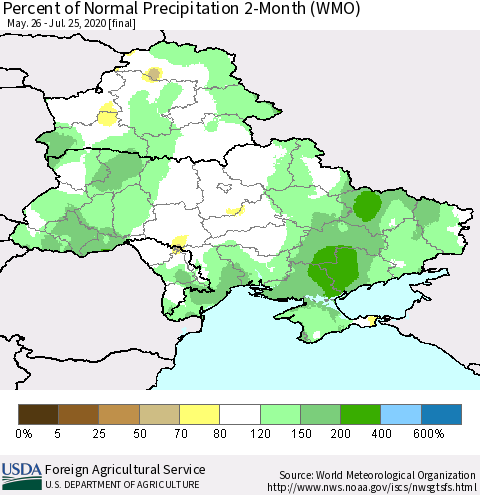 Ukraine, Moldova and Belarus Percent of Normal Precipitation 2-Month (WMO) Thematic Map For 5/26/2020 - 7/25/2020