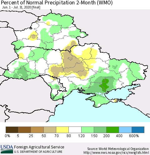 Ukraine, Moldova and Belarus Percent of Normal Precipitation 2-Month (WMO) Thematic Map For 6/1/2020 - 7/31/2020