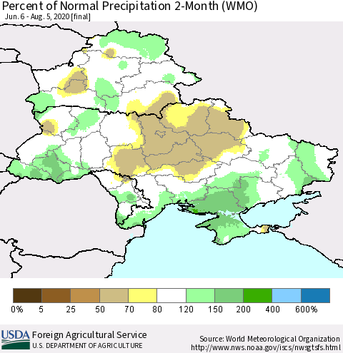Ukraine, Moldova and Belarus Percent of Normal Precipitation 2-Month (WMO) Thematic Map For 6/6/2020 - 8/5/2020