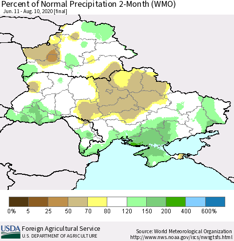 Ukraine, Moldova and Belarus Percent of Normal Precipitation 2-Month (WMO) Thematic Map For 6/11/2020 - 8/10/2020