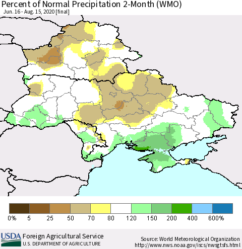 Ukraine, Moldova and Belarus Percent of Normal Precipitation 2-Month (WMO) Thematic Map For 6/16/2020 - 8/15/2020