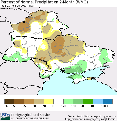 Ukraine, Moldova and Belarus Percent of Normal Precipitation 2-Month (WMO) Thematic Map For 6/21/2020 - 8/20/2020