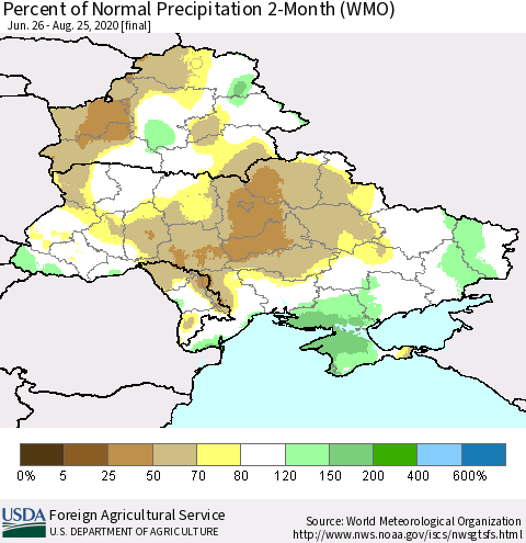 Ukraine, Moldova and Belarus Percent of Normal Precipitation 2-Month (WMO) Thematic Map For 6/26/2020 - 8/25/2020