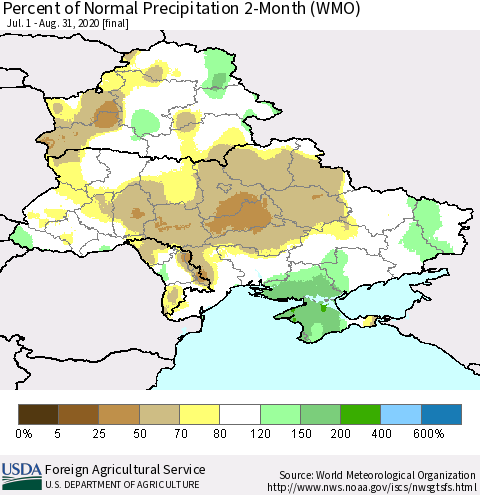 Ukraine, Moldova and Belarus Percent of Normal Precipitation 2-Month (WMO) Thematic Map For 7/1/2020 - 8/31/2020