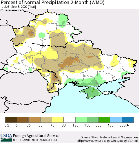 Ukraine, Moldova and Belarus Percent of Normal Precipitation 2-Month (WMO) Thematic Map For 7/6/2020 - 9/5/2020
