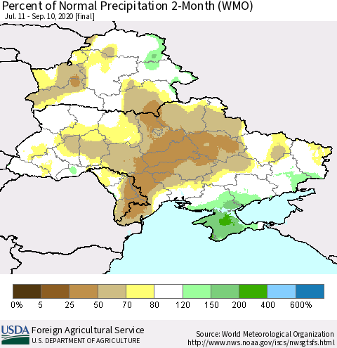 Ukraine, Moldova and Belarus Percent of Normal Precipitation 2-Month (WMO) Thematic Map For 7/11/2020 - 9/10/2020
