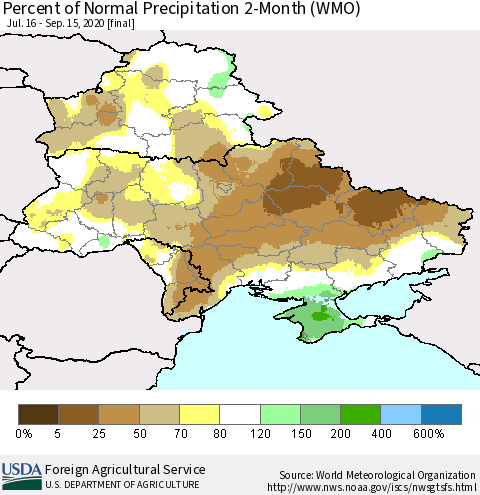 Ukraine, Moldova and Belarus Percent of Normal Precipitation 2-Month (WMO) Thematic Map For 7/16/2020 - 9/15/2020