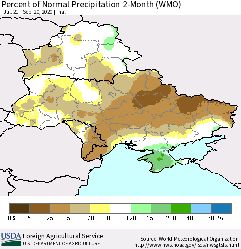 Ukraine, Moldova and Belarus Percent of Normal Precipitation 2-Month (WMO) Thematic Map For 7/21/2020 - 9/20/2020