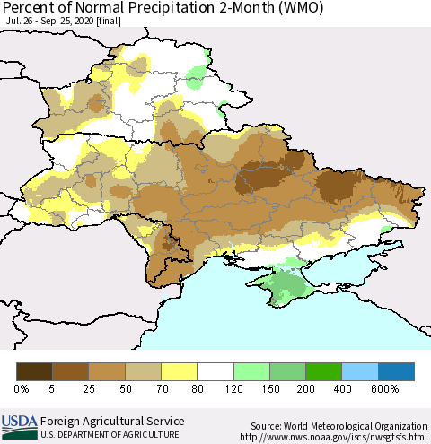 Ukraine, Moldova and Belarus Percent of Normal Precipitation 2-Month (WMO) Thematic Map For 7/26/2020 - 9/25/2020