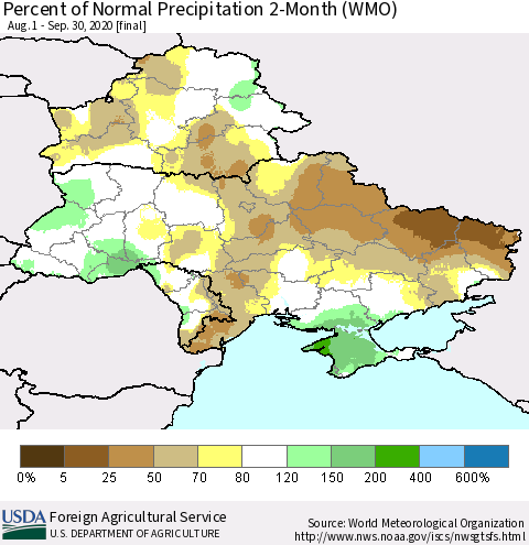 Ukraine, Moldova and Belarus Percent of Normal Precipitation 2-Month (WMO) Thematic Map For 8/1/2020 - 9/30/2020