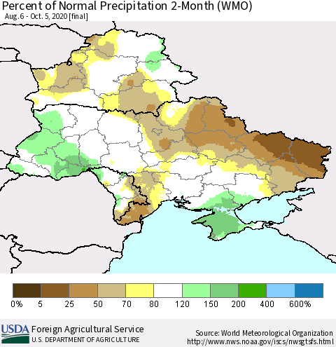 Ukraine, Moldova and Belarus Percent of Normal Precipitation 2-Month (WMO) Thematic Map For 8/6/2020 - 10/5/2020