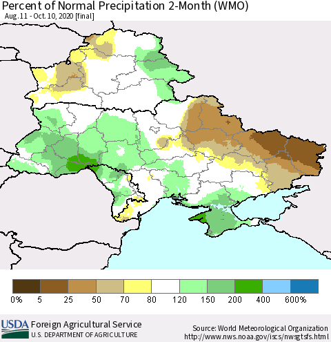 Ukraine, Moldova and Belarus Percent of Normal Precipitation 2-Month (WMO) Thematic Map For 8/11/2020 - 10/10/2020