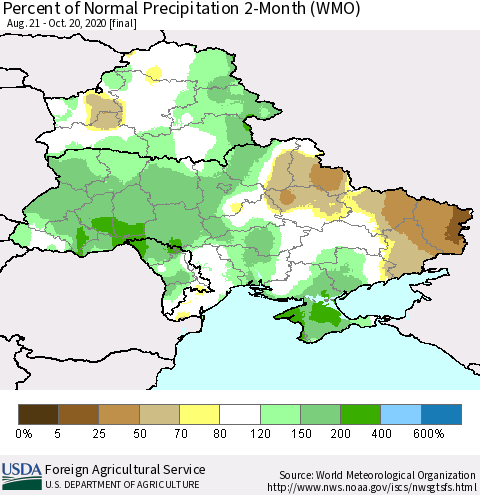 Ukraine, Moldova and Belarus Percent of Normal Precipitation 2-Month (WMO) Thematic Map For 8/21/2020 - 10/20/2020