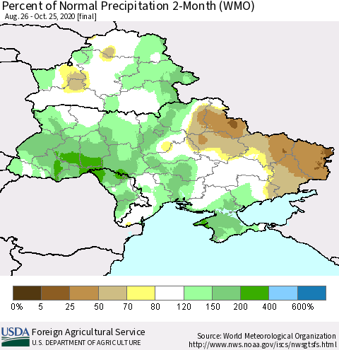 Ukraine, Moldova and Belarus Percent of Normal Precipitation 2-Month (WMO) Thematic Map For 8/26/2020 - 10/25/2020