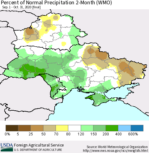 Ukraine, Moldova and Belarus Percent of Normal Precipitation 2-Month (WMO) Thematic Map For 9/1/2020 - 10/31/2020