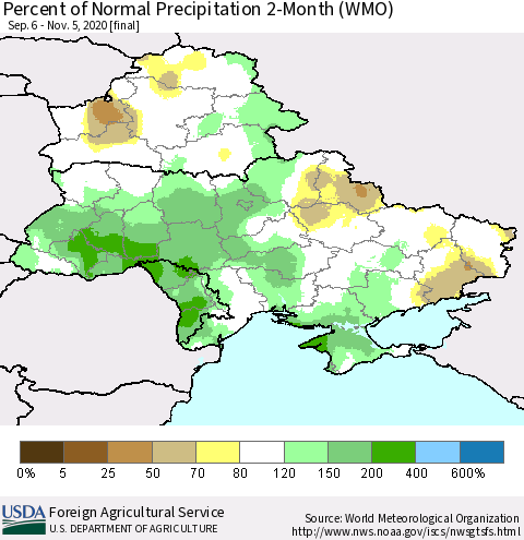 Ukraine, Moldova and Belarus Percent of Normal Precipitation 2-Month (WMO) Thematic Map For 9/6/2020 - 11/5/2020