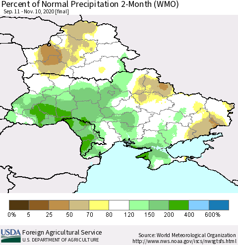 Ukraine, Moldova and Belarus Percent of Normal Precipitation 2-Month (WMO) Thematic Map For 9/11/2020 - 11/10/2020