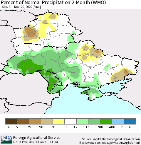 Ukraine, Moldova and Belarus Percent of Normal Precipitation 2-Month (WMO) Thematic Map For 9/21/2020 - 11/20/2020