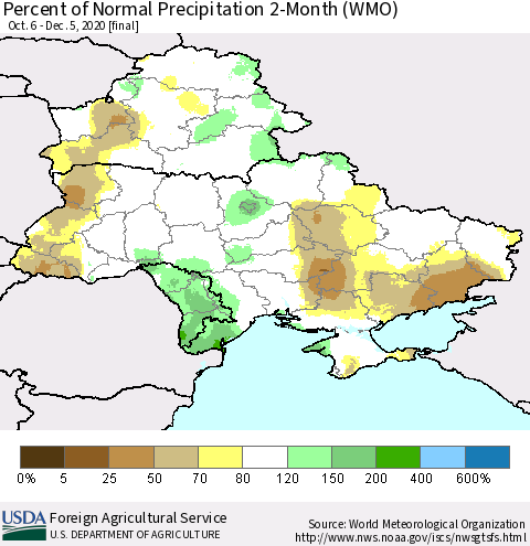 Ukraine, Moldova and Belarus Percent of Normal Precipitation 2-Month (WMO) Thematic Map For 10/6/2020 - 12/5/2020