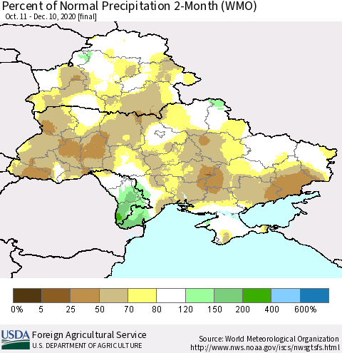 Ukraine, Moldova and Belarus Percent of Normal Precipitation 2-Month (WMO) Thematic Map For 10/11/2020 - 12/10/2020