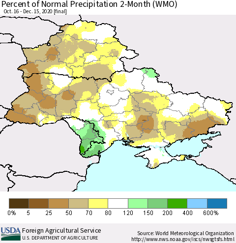 Ukraine, Moldova and Belarus Percent of Normal Precipitation 2-Month (WMO) Thematic Map For 10/16/2020 - 12/15/2020