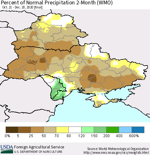 Ukraine, Moldova and Belarus Percent of Normal Precipitation 2-Month (WMO) Thematic Map For 10/21/2020 - 12/20/2020