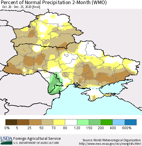 Ukraine, Moldova and Belarus Percent of Normal Precipitation 2-Month (WMO) Thematic Map For 10/26/2020 - 12/25/2020