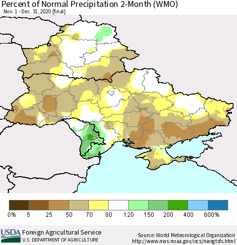 Ukraine, Moldova and Belarus Percent of Normal Precipitation 2-Month (WMO) Thematic Map For 11/1/2020 - 12/31/2020