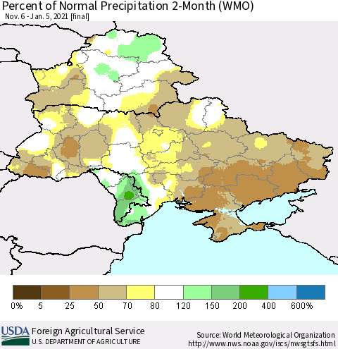 Ukraine, Moldova and Belarus Percent of Normal Precipitation 2-Month (WMO) Thematic Map For 11/6/2020 - 1/5/2021