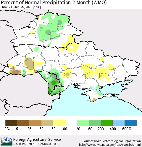 Ukraine, Moldova and Belarus Percent of Normal Precipitation 2-Month (WMO) Thematic Map For 11/21/2020 - 1/20/2021