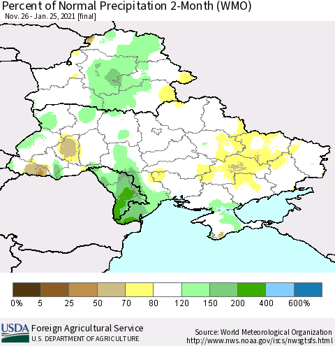 Ukraine, Moldova and Belarus Percent of Normal Precipitation 2-Month (WMO) Thematic Map For 11/26/2020 - 1/25/2021