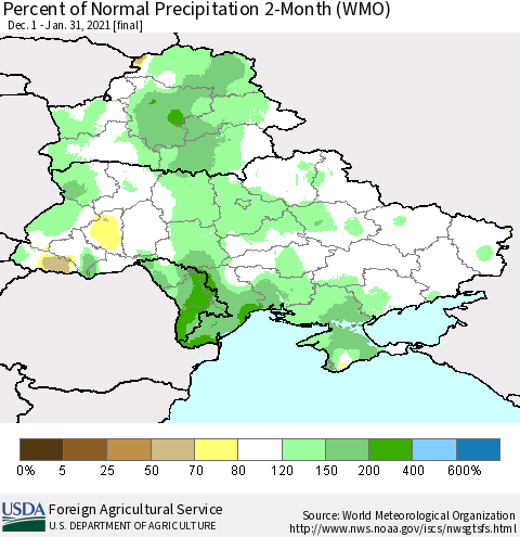 Ukraine, Moldova and Belarus Percent of Normal Precipitation 2-Month (WMO) Thematic Map For 12/1/2020 - 1/31/2021