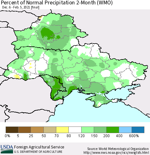 Ukraine, Moldova and Belarus Percent of Normal Precipitation 2-Month (WMO) Thematic Map For 12/6/2020 - 2/5/2021