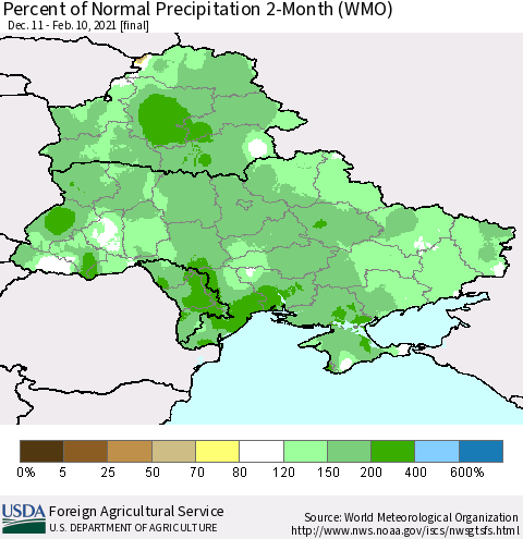 Ukraine, Moldova and Belarus Percent of Normal Precipitation 2-Month (WMO) Thematic Map For 12/11/2020 - 2/10/2021