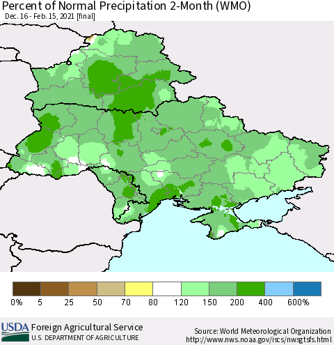 Ukraine, Moldova and Belarus Percent of Normal Precipitation 2-Month (WMO) Thematic Map For 12/16/2020 - 2/15/2021
